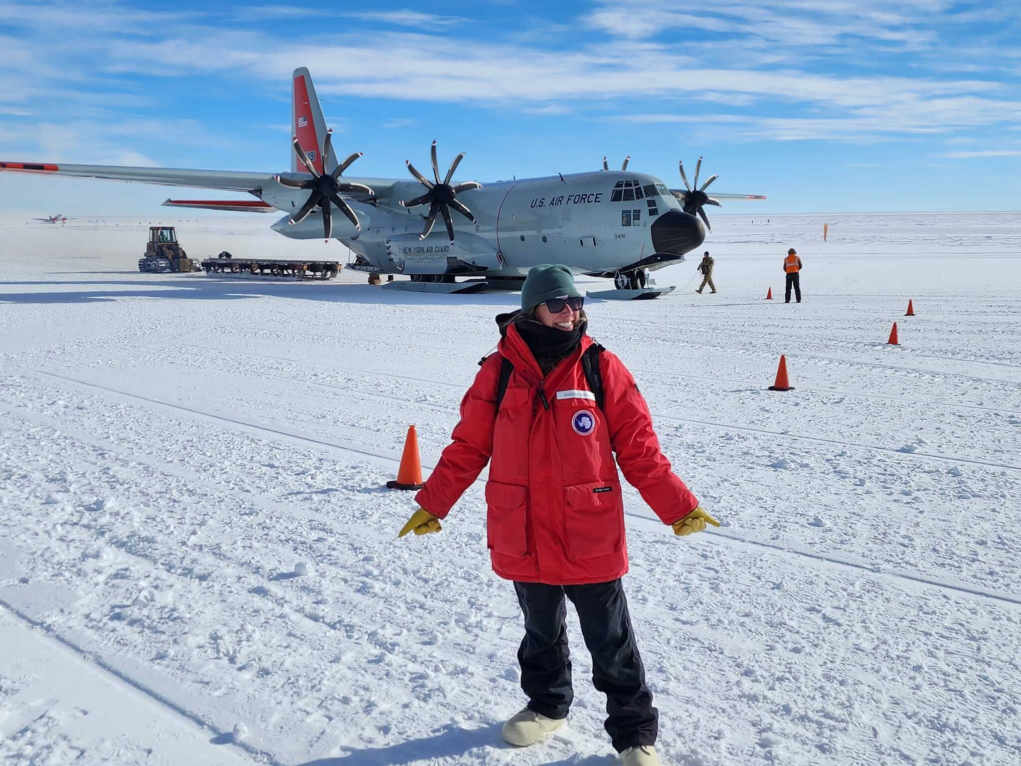 Jenny Heinzen arrived to the South Pole via air force carrier.